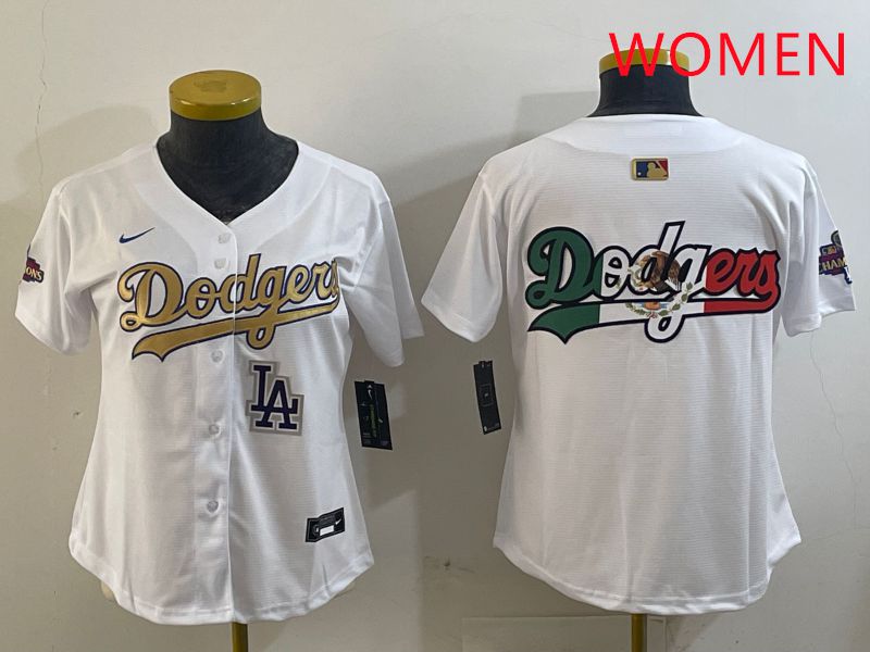 Women Los Angeles Dodgers Blank White Champion gold character 2025 Nike MLB Jersey style 12->women mlb jersey->Women Jersey